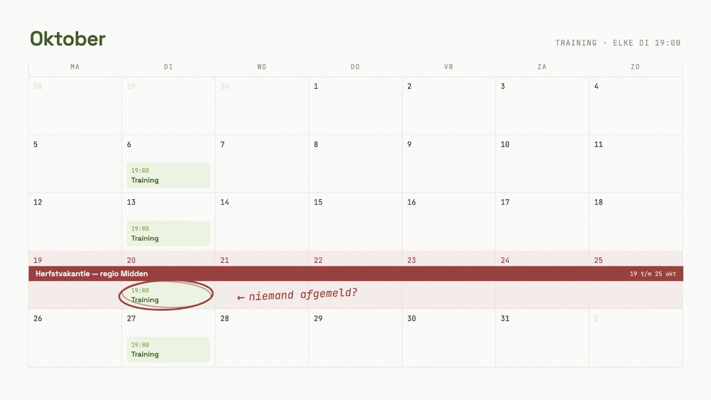 Een kalender met een reeks trainingsdata, waarbij enkele weken zijn omcirkeld in rood