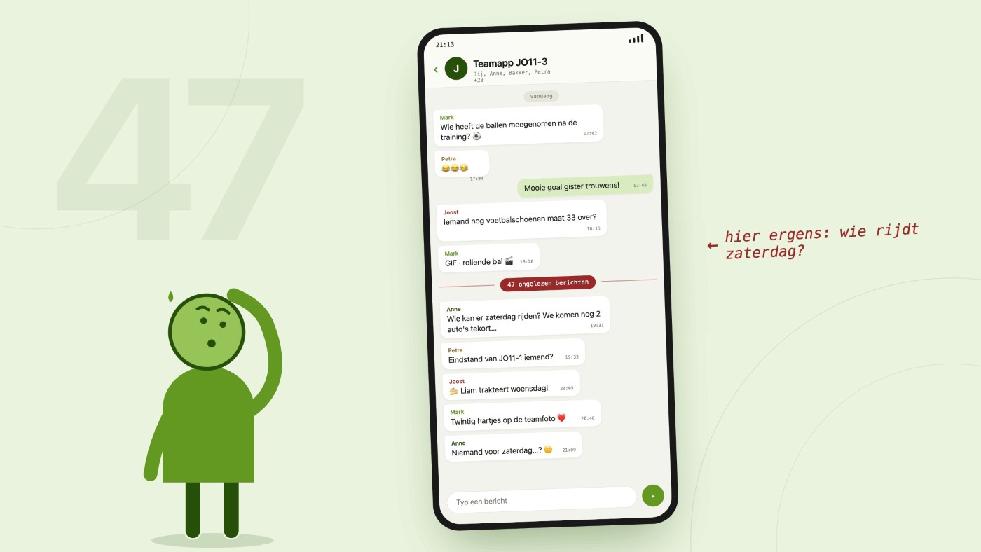 Schermafbeelding van een WhatsApp-chat met 47 ongelezen berichten