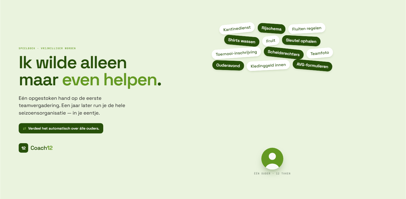 Eén opgestoken hand onder een lawine van taak-chips, automatisch verdeeld over alle ouders.