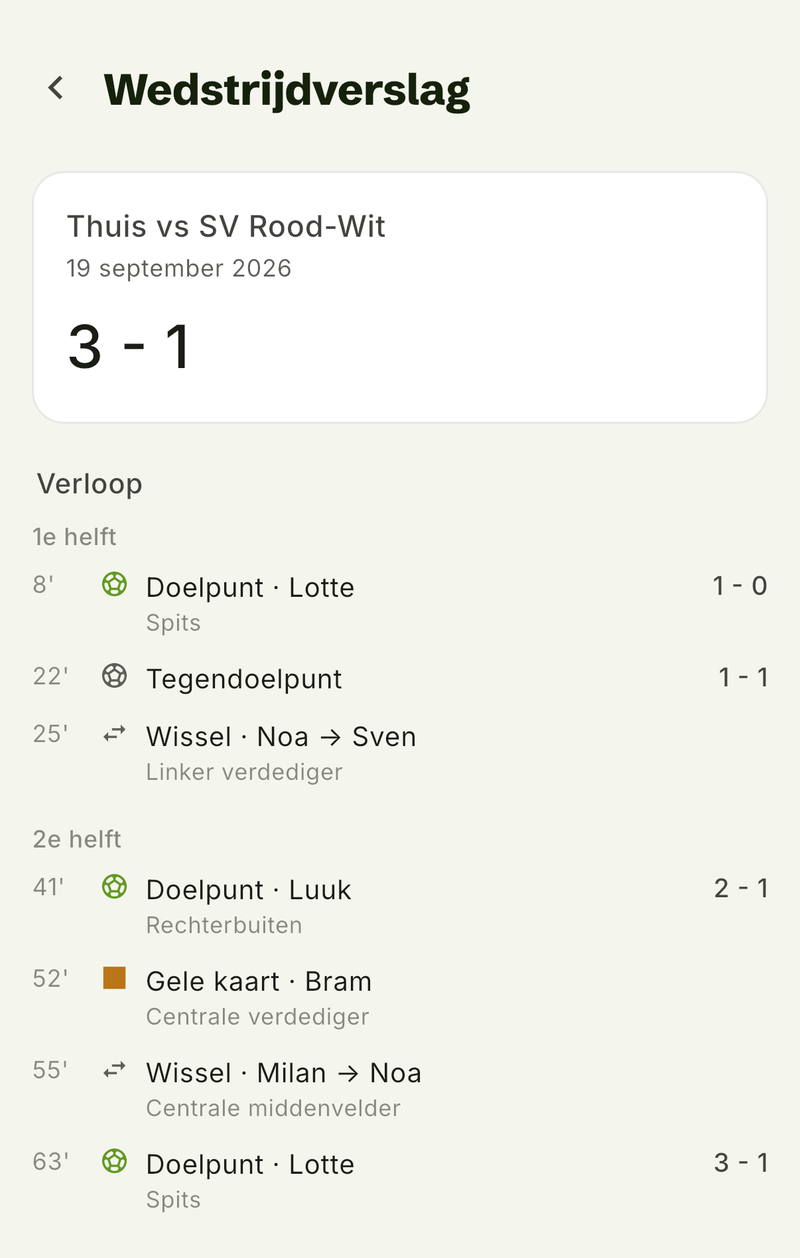 Wedstrijdverslag met eindstand 3-1 en per helft de doelpunten, wissels en een gele kaart, met de positie van elke speler