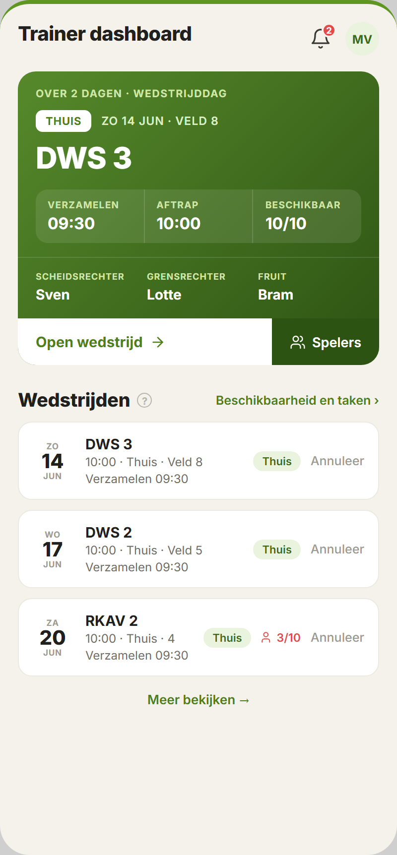 Trainersdashboard: volgende wedstrijd, volgende training en toegang tot live-statistieken