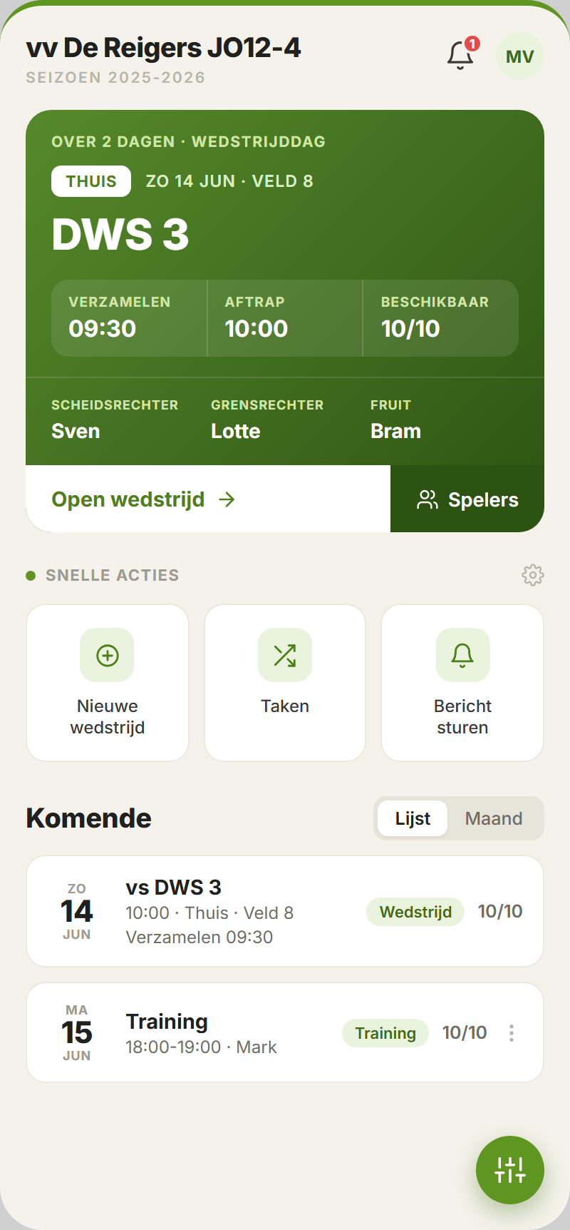 Manager-dashboard: volgende wedstrijd, taken en wie rijdt in één oogopslag