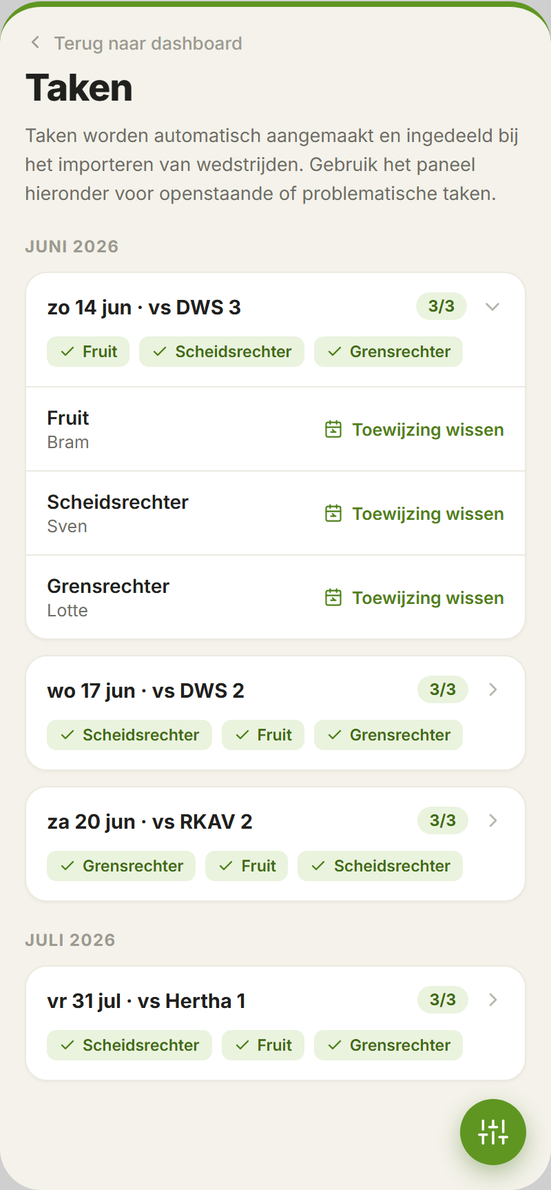 Overzicht van automatisch verdeelde taken per wedstrijd