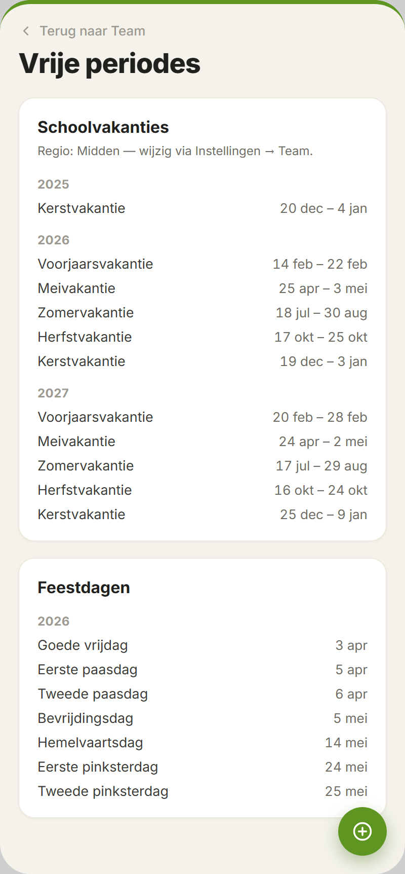 Automatisch geïmporteerde schoolvakanties en feestdagen per regio