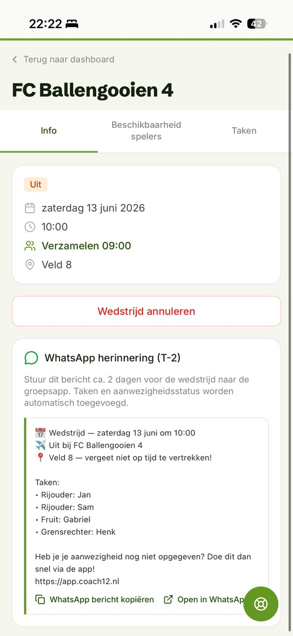 Kant-en-klaar WhatsApp-herinnering met wedstrijd en taken om direct naar de groepsapp te sturen