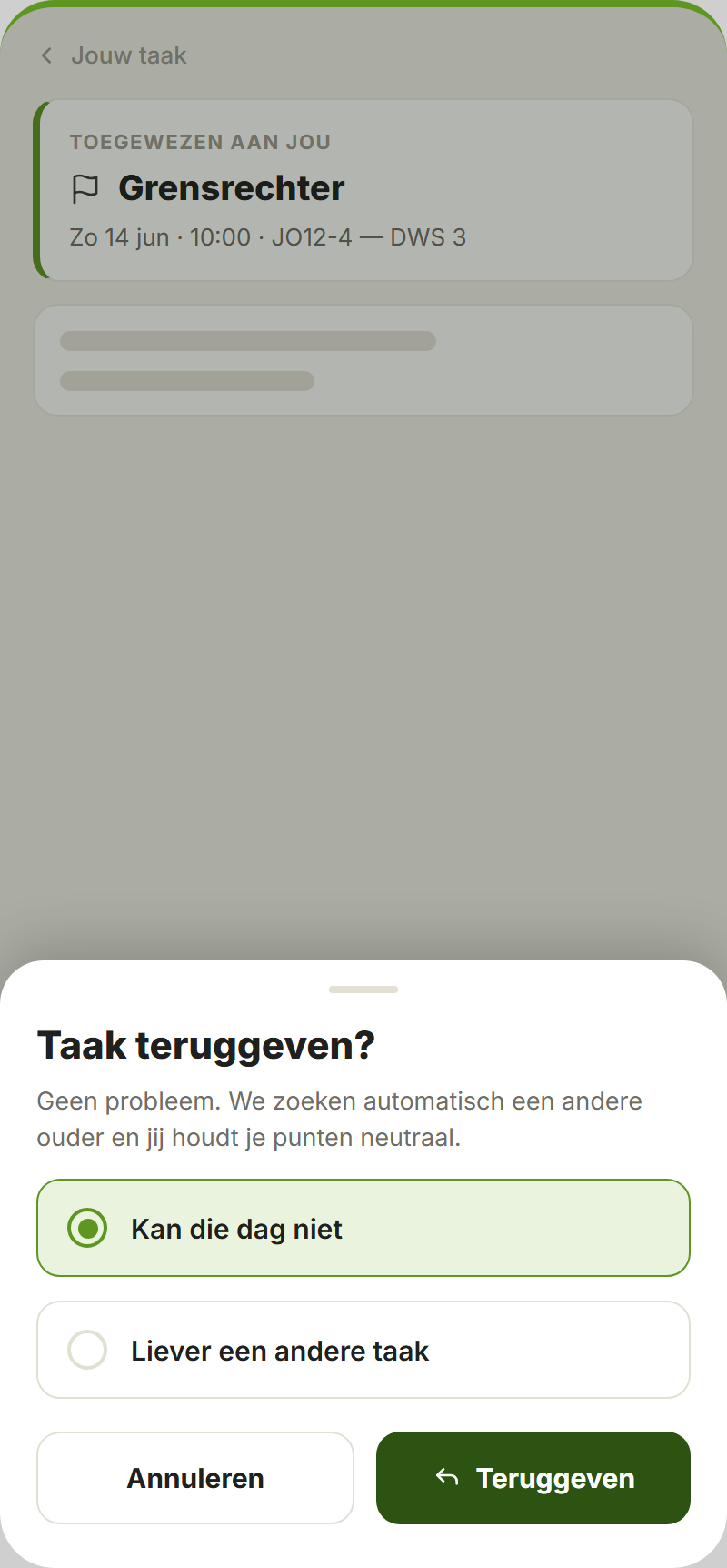Een taak teruggeven; we zoeken automatisch een andere ouder en je punten blijven neutraal