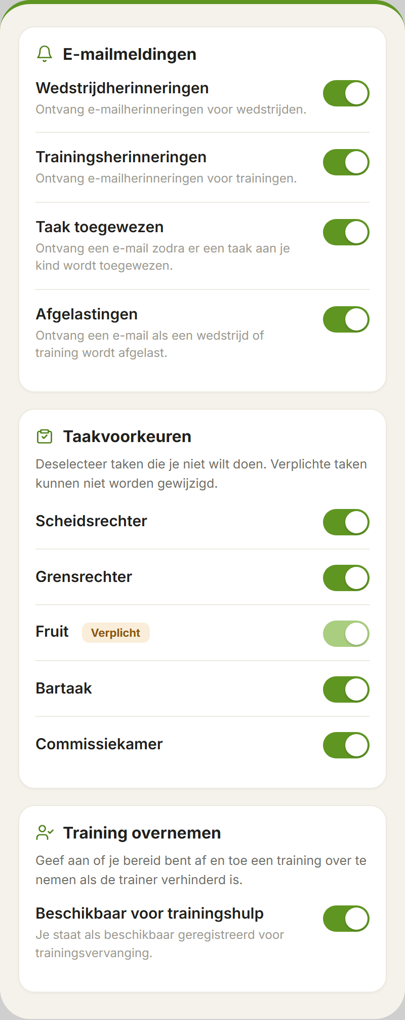 Meldingen en taakvoorkeuren instellen, plus beschikbaarheid voor trainingshulp