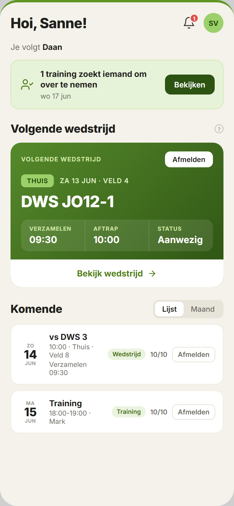 Ouderdashboard: volgende wedstrijd van je kind, je status en afmelden in één tik